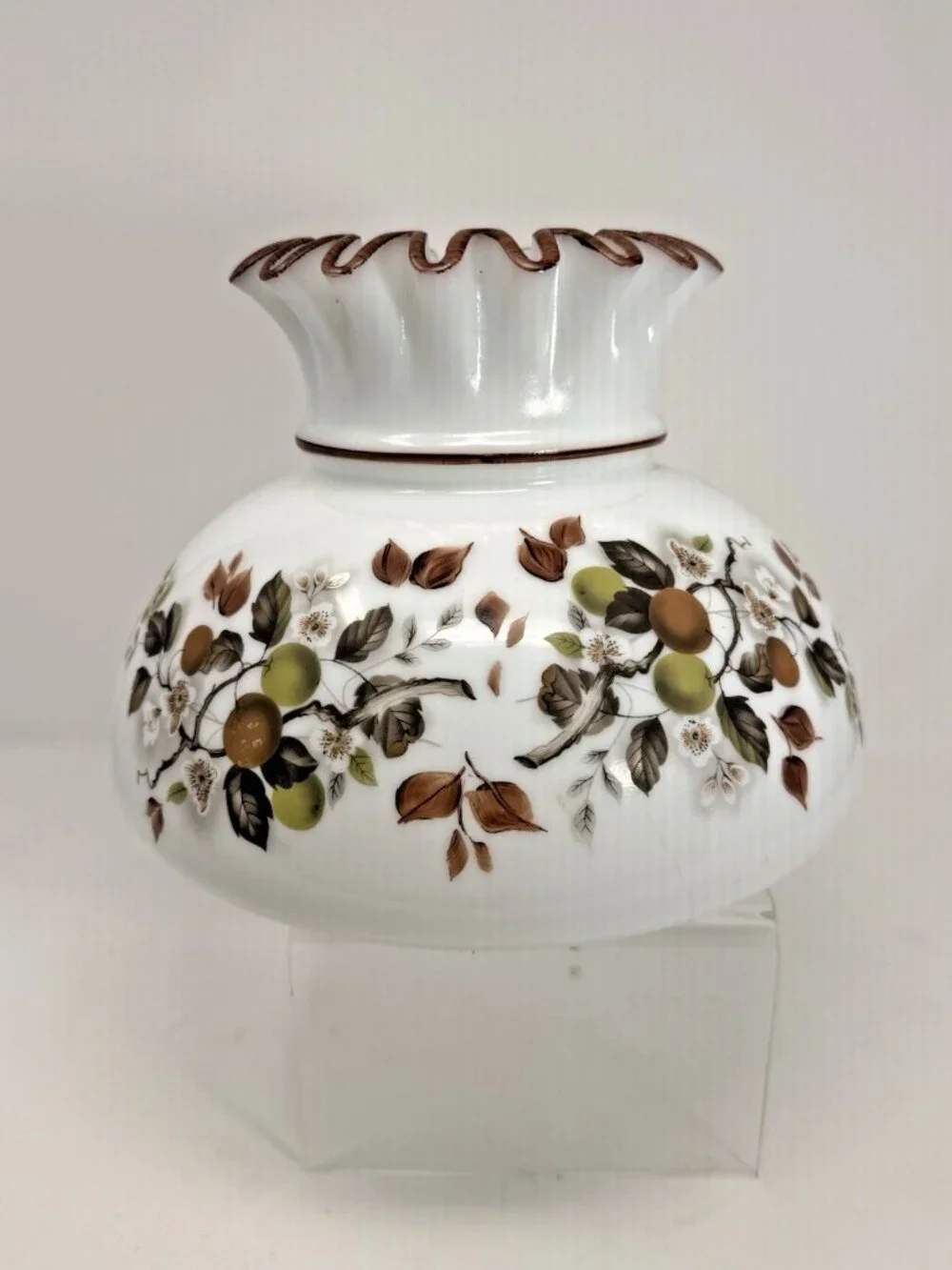 Vintage Hurricane Lamp Shade White Milk Glass Yellow, Brown, GreenFlower Motif